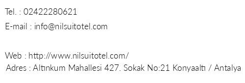 Nil Suit Otel telefon numaralar, faks, e-mail, posta adresi ve iletiim bilgileri
